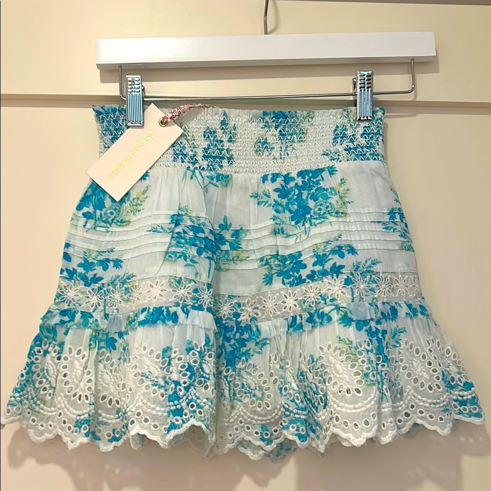 NWT LoveShackFancy Floral Blue and White Jimena Mini Skirt - Magic Turquoise